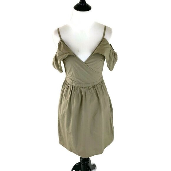 Madewell Women's Size 00 Cold Shoulder Dress Khaki Ruffles Style G7782 Tan - Picture 4 of 11